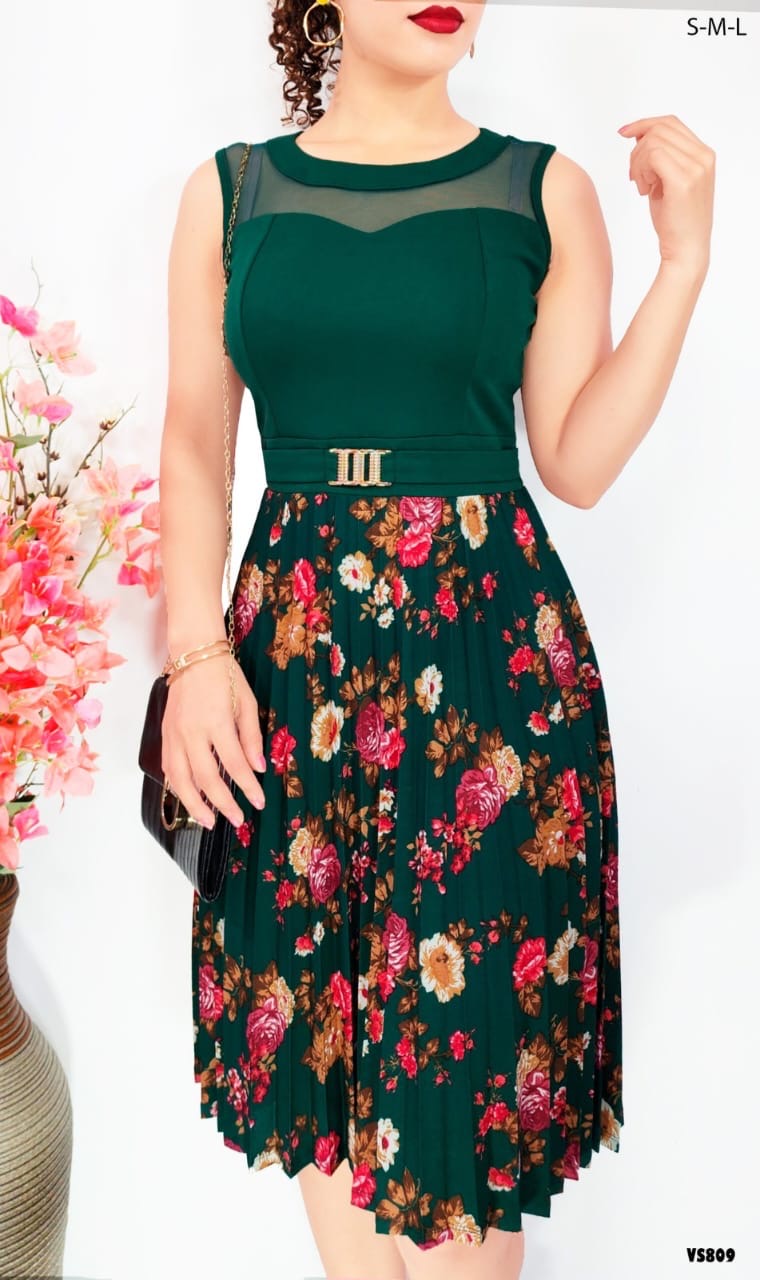 Vestido Corro Flores plisada  C23